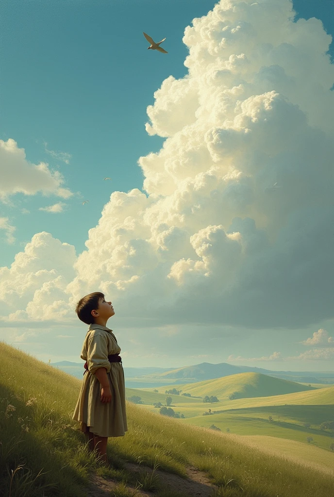 Saint Thomas Aquinas as a child thinking about God looking up at the sky