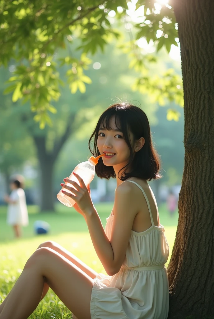 High resolution、Very detailed、「bright summer day、A 20-year-old Japanese woman with slightly wavy hair, Straight black hair、Sit in one&#39;大きなwood陰の下の膝。Wearing a light summer dress、Drinking from a plastic bottle with one hand。The woman&#39;s body is facing this way.、Sitting with your knees up、A little underwear is visible。Looking at the camera and smiling。wood々The sunlight passing through、Casting light and shadow on women.。Children play in the surrounding park.、Leaves fluttering in the wind。Dynamic and peaceful scene、It captures the essence of a perfect summer afternoon..。50mm lens for SLR cameras、1 1 1.8 in、Exciting、Cinematic、strong、artistic、Attractive photography、The photo captures a woman&#39;A soft style for the whole body.」
