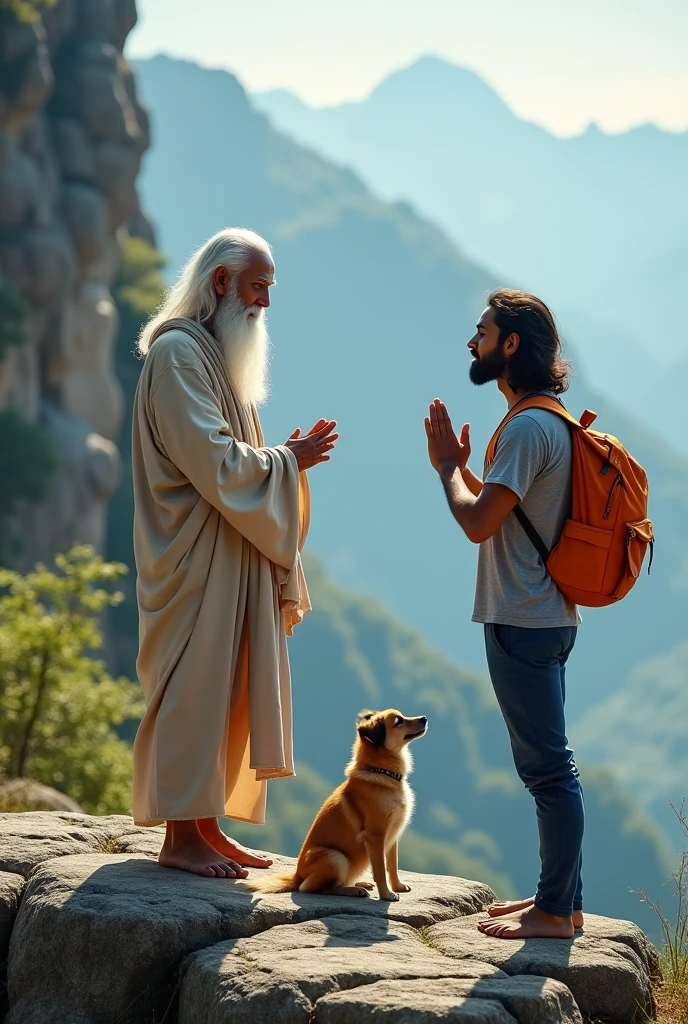 A beard man with age 70 doing yoga in front of a mountain, wise old indian guru, yoga meditation pose, standing pose on stones, small dog is also sits beside. A 30 years young Indian man is standing and namaskar to the 70 years old man. 30 years young Indian man wears grey t-shirt, blue pant, wears orange colour bag, his height is 5'9 feet, he don't wear any shoes, he has long hair
