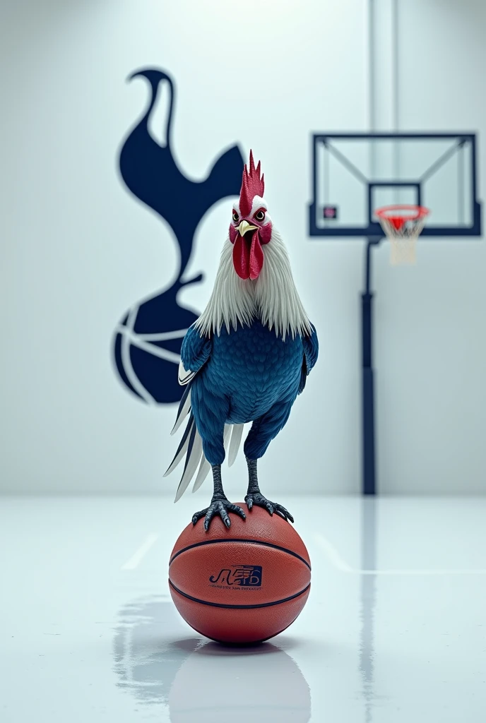 In the white room, a blue and white Rooster from the Tottenham Hotspur logo stands on top of a basketball ball. There is a logo of Tottenham Football Club on the wall. The rooster is scary and it is absolutely blue and white
