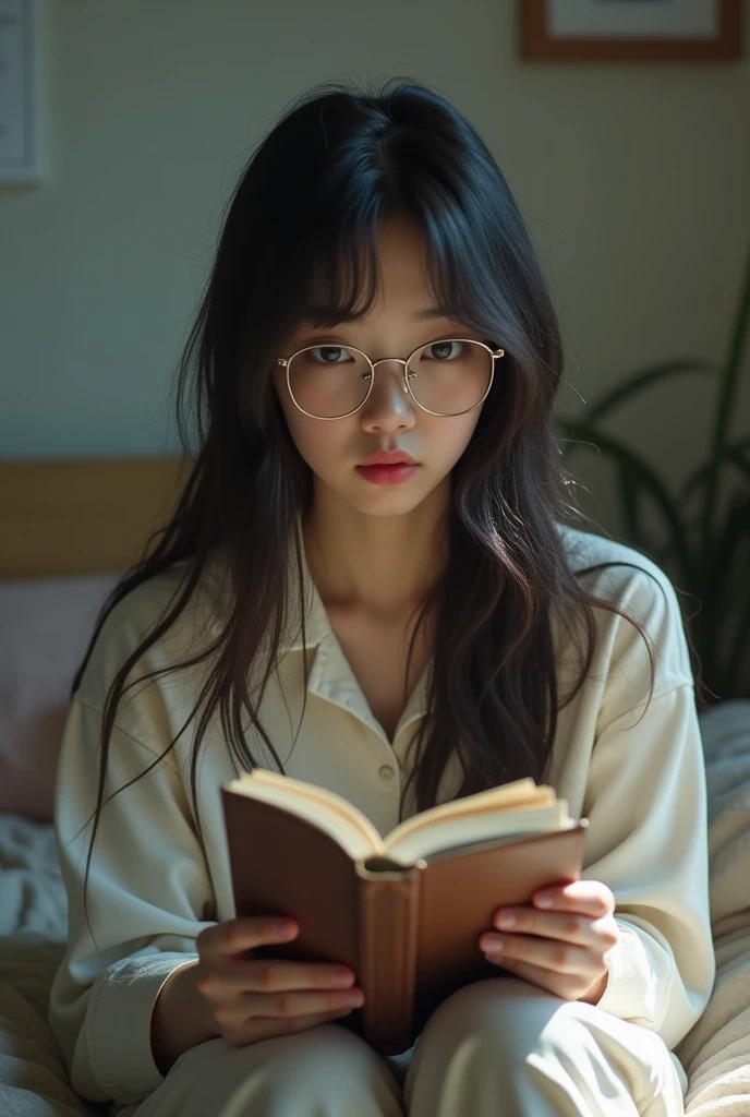 A Korean girl, tired of her long hair, arrogant, not interested in psychology, wearing round glasses at twenty, wearing pajamas and showing me her notebook