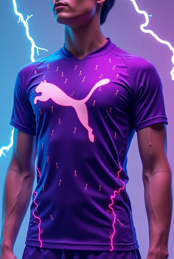 Purple sports shirt with lots of small white thunder effects and the puma symbol with a closed collar 