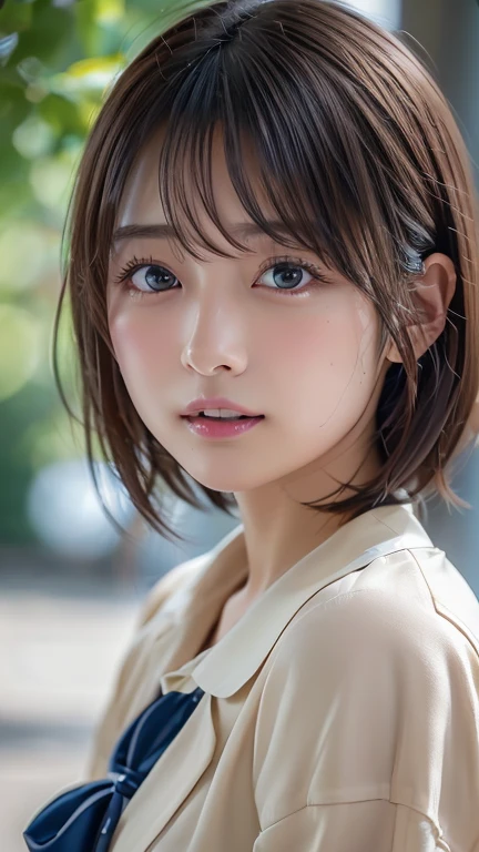 (8k, Photorealistic, RAW Photos, Best image quality: 1.4), Japanese schoolgirl、Short Bob、Super detailed face、Eye on the details、double eyelid、Sharp focus:1.2、Beautiful woman:1.4、Light brown hair、Highest quality、masterpiece、Ultra-high resolution、(Photorealistic:1.4)、Highly detailed and professionally lit smiles、school uniform、Shoulder out、blush、Open your mouth a little、