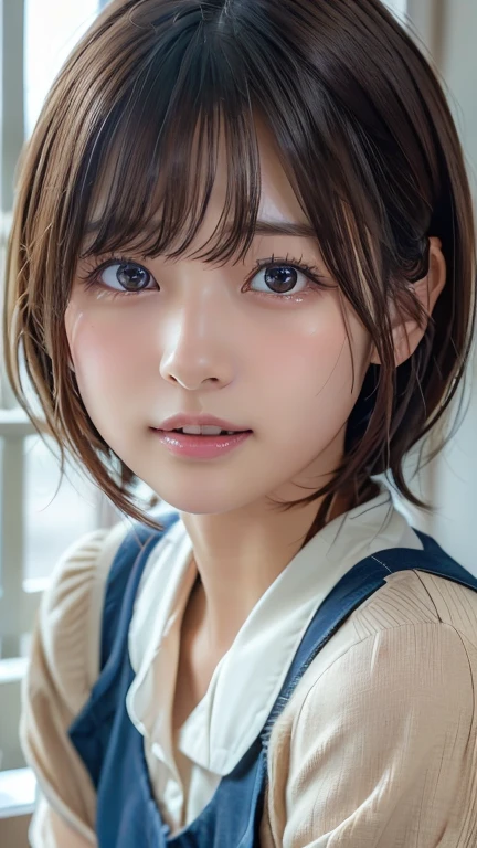 (8k, Photorealistic, RAW Photos, Best image quality: 1.4), Japanese schoolgirl、Short Bob、Super detailed face、Eye on the details、double eyelid、Sharp focus:1.2、Beautiful woman:1.4、Light brown hair、Highest quality、masterpiece、Ultra-high resolution、(Photorealistic:1.4)、Highly detailed and professionally lit smiles、school uniform、Shoulder out、blush、Open your mouth a little、