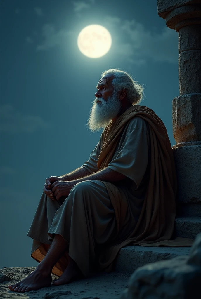 (photoréalisme:1.2),penseur grec asssis barbu, antiquite, pleine lune, nuit 