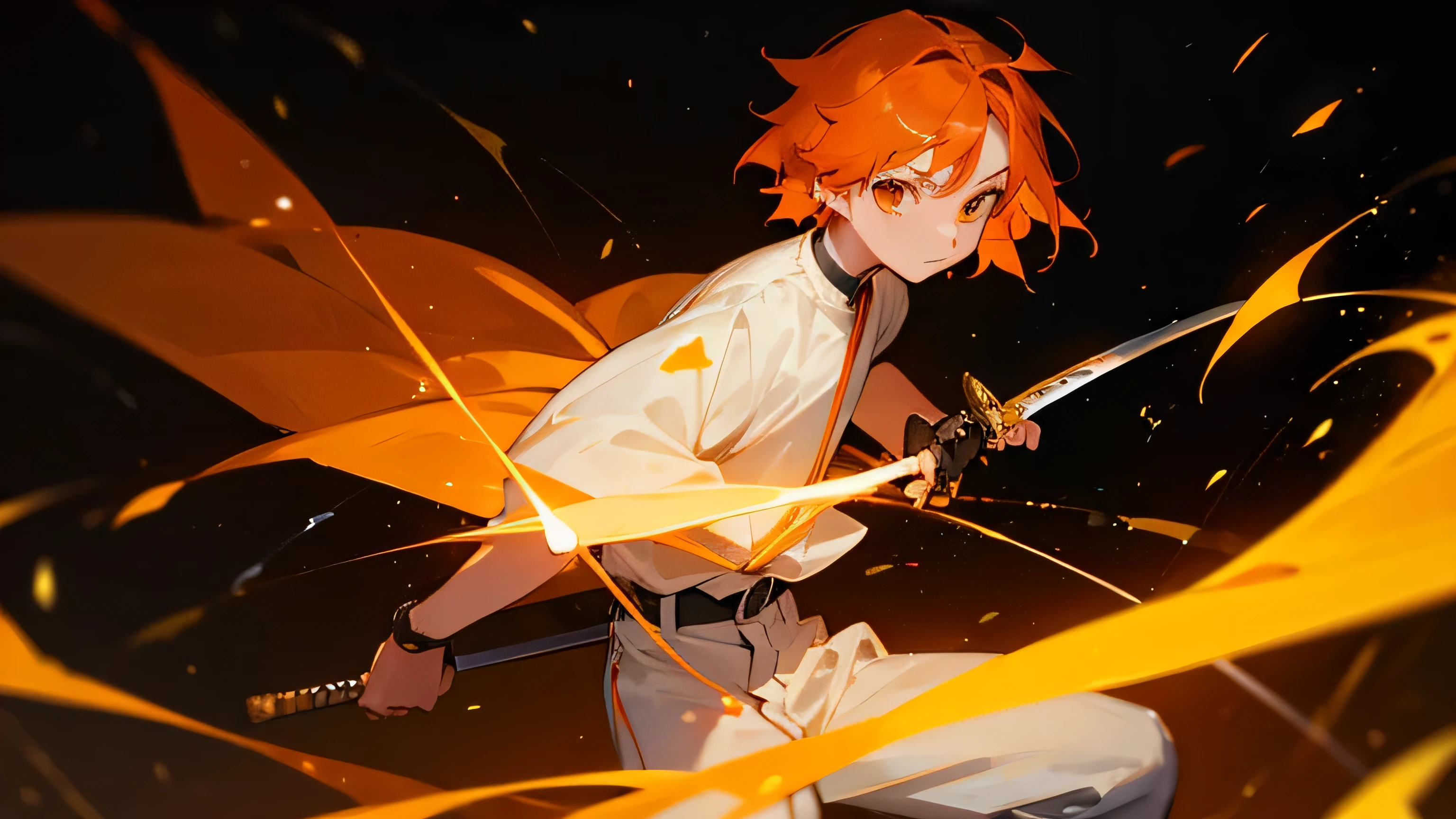 boy, orange hair, pose with a sword, white clothes, modern sword technology, background with orange fireflies