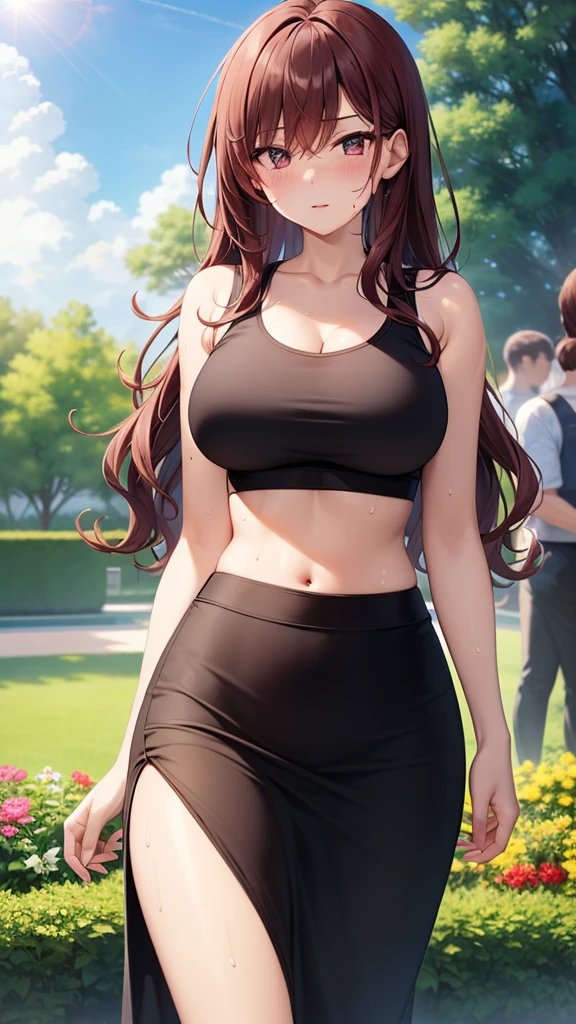 masterpiece, best quality, high detail, beautiful woman, solo focus, long wavy hair, dark red hair, large bust, (sports bra), (black maxi pencil skirt), tight skirt, midriff, wide hips, looking at viewer, lower body, full-face blush, garden, summer, cloudy sky, sun, sweaty,