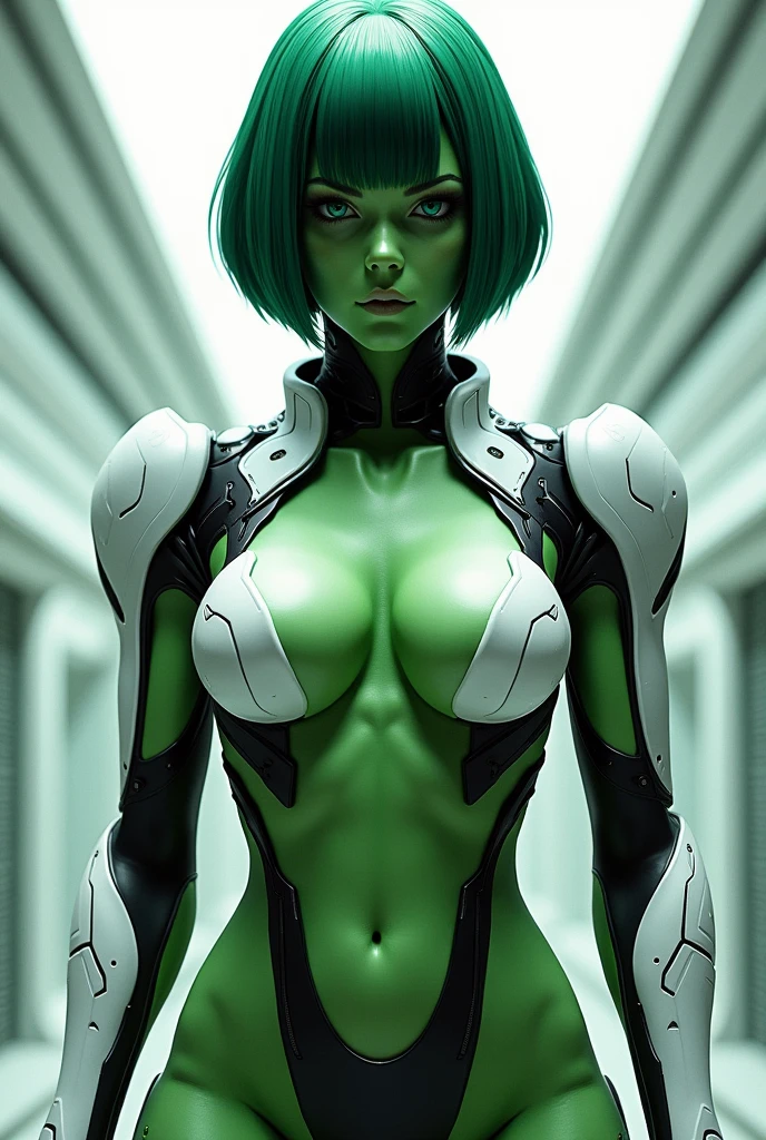 1girl, green skin, dark green hair, seamless bob cut, white cybernetic armor, black accents, full body shot, sci-fi, shoulder pads, muscular figure