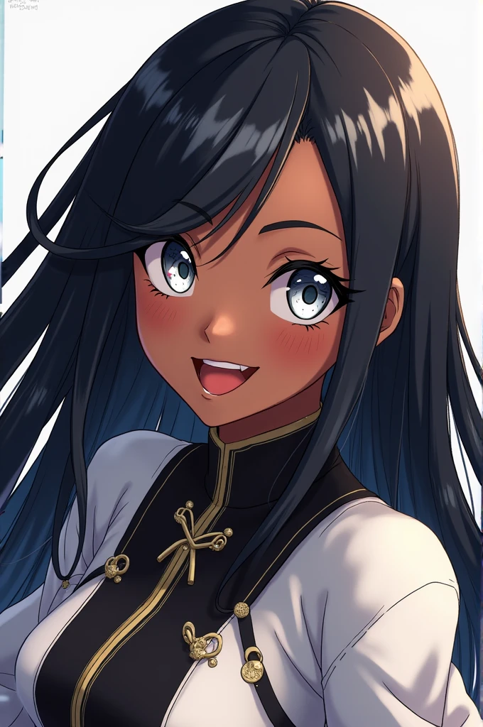 Make, young, dark skin, happy, long black hair, byakugan white eyes, outfit similar to Mitsuru being white and black, Happy