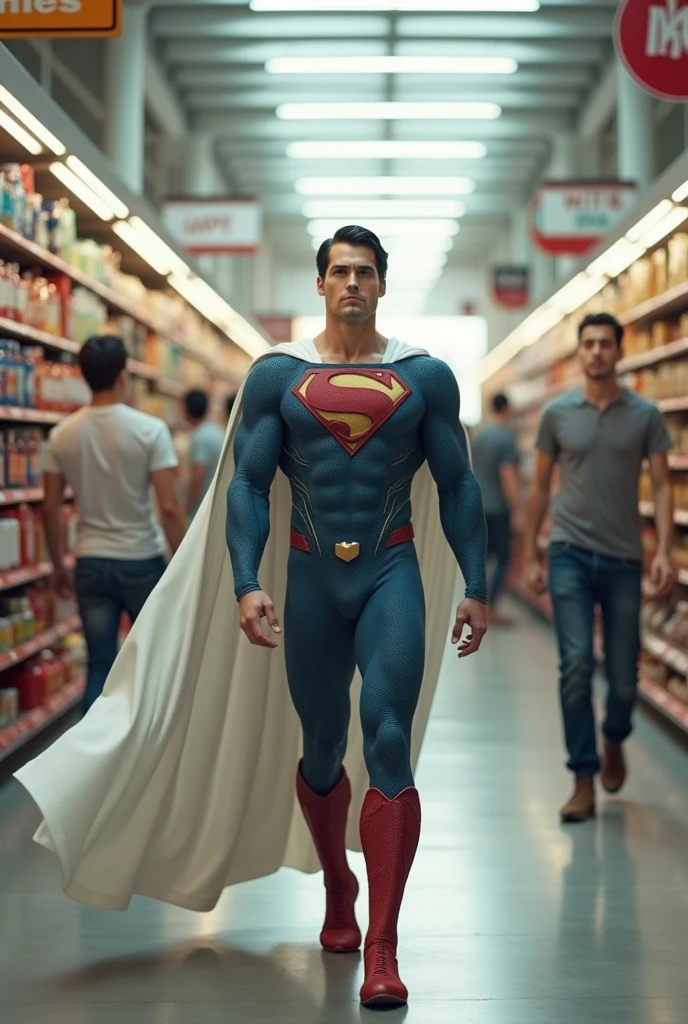 super man as a supermarket hero with a white cape and the chest symbol of an arrow
