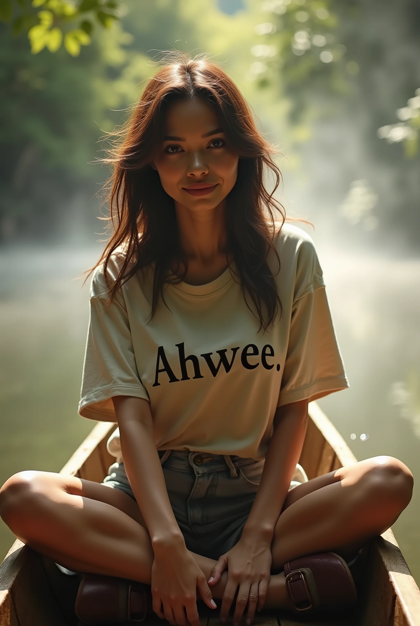 ( photorealism 1.2) photo realistic high detailed beautiful Malay adult women wear shorts messy hair at dugout canoe at river smile cinematic view morning mode effect  cinematography smoke effect sunlight silhouette   wearing shirt wrote ahwee big breast  sexy pose 