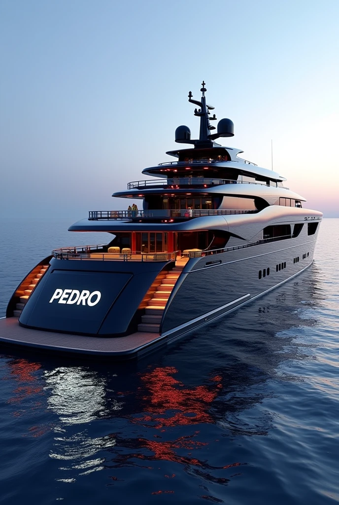 A biger super yacht in black,navy blue and white having the world Pedro in big letters LED lighting at the back 
