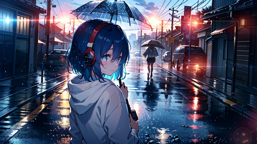 Absurd, High resolution,
Looking back at me, Rainy night city,Urban sidewalks、 Holding a red umbrella、signal machine、relax time, Fantastical light particles, Lens flare,Smiling and crying、profile、Blue Hair、(Red headphones:1.4)、(White hoodie:1.2)、Top view、(Looking into the distance)、(Shooting from a distance:1.2)