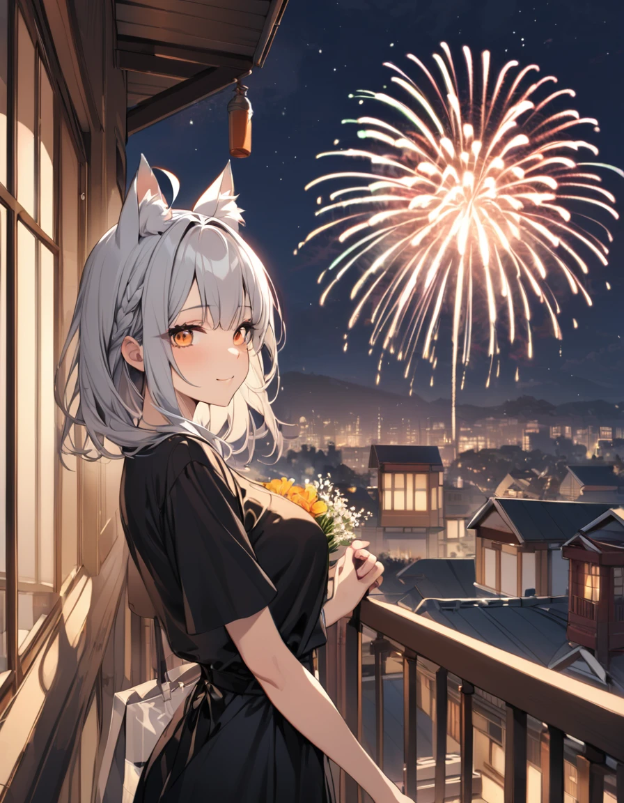 (masterpiece)、(absurdres)、(ultra detailed)、(8k),Anatomically correct,(solo lady),(silver cat ears:1.1),(silver hair),(shortcut hair:1.1),(messy hair:0.7),(Ahoge:0.9),(middle breast:0.9),BREAK,(orange eyes),half-closed eyes,BREAK,Holding a colorful bouquet in both hands:1.2,happy smile,black maxi dress:1.1,cowboy shot,fireworks,balcony,side view,