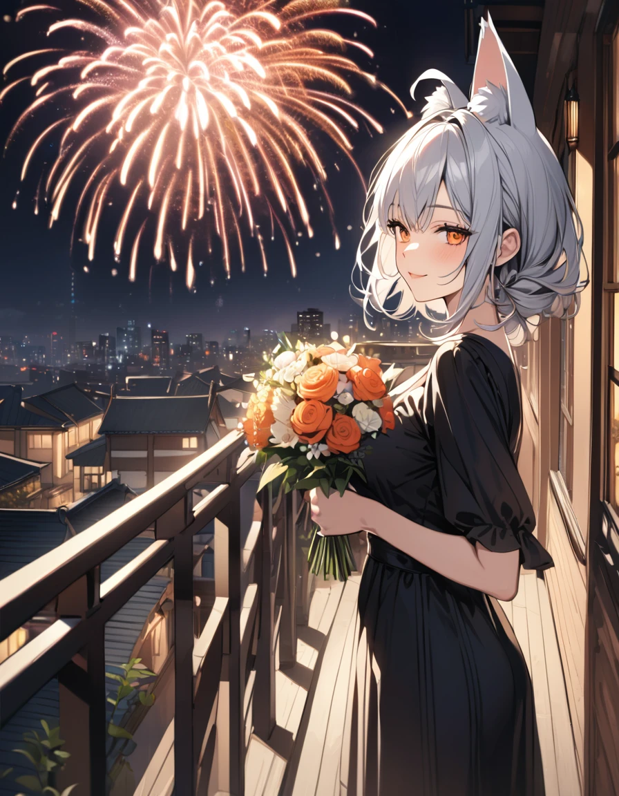 (masterpiece)、(absurdres)、(ultra detailed)、(8k),Anatomically correct,(solo lady),(silver cat ears:1.1),(silver hair),(shortcut hair:1.1),(messy hair:0.7),(Ahoge:0.9),(middle breast:0.9),BREAK,(orange eyes),half-closed eyes,BREAK,Holding a colorful bouquet in both hands:1.2,happy smile,black maxi dress:1.1,cowboy shot,fireworks,balcony,side view,