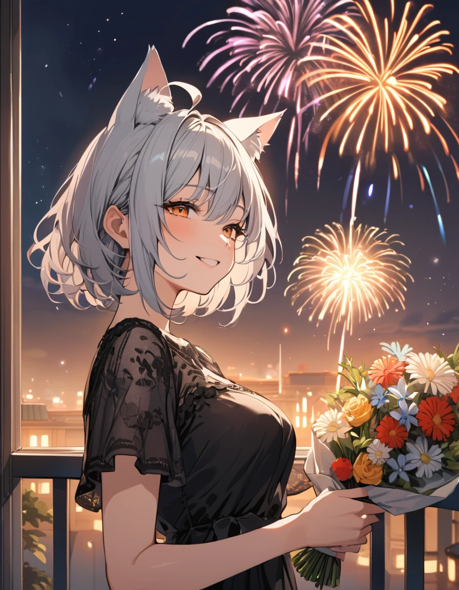 ((8k, highest quality, masterpiece: 1.3)), ultra-high resolution, (1 girl, one person), (color-changing eyes, super detailed, expressive sparkle, glitter, glowing eyes), highly detailed pale purple eyes, highly detailed face, short hair, (droopy eyes: 1.2), (hair color, silver gray), white cat ears, (ecstatic expression: 1.2) white skin, maid outfit, cleavage, (bedside at home, dim: 1.1), starry sky outside the window, frontal angle, sexy pose