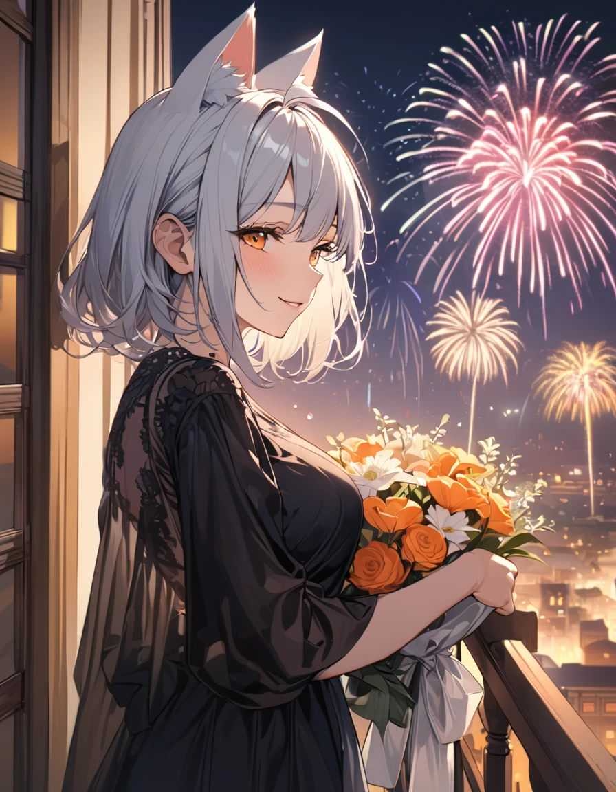 (masterpiece)、(absurdres)、(ultra detailed)、(8k),Anatomically correct,(solo lady),(silver cat ears:1.1),(silver hair),(shortcut hair:1.1),(messy hair:0.7),(Ahoge:0.9),(middle breast:0.9),BREAK,(orange eyes),half-closed eyes,BREAK,Holding a colorful bouquet in both hands:1.2,happy smile,black maxi dress:1.1,cowboy shot,fireworks,balcony,side view,