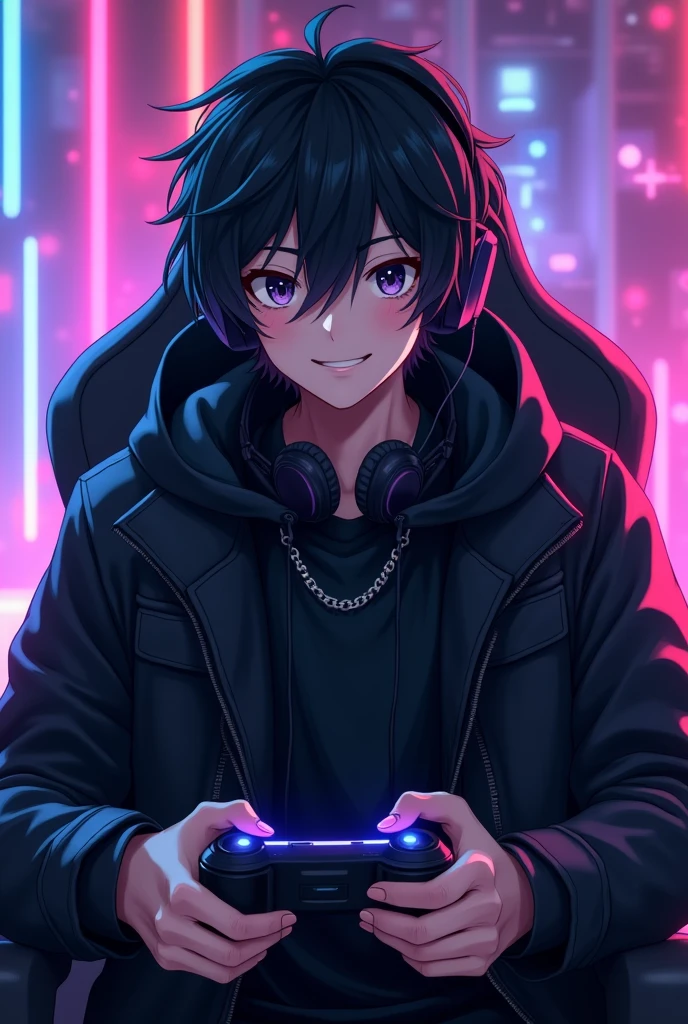 Young man with black hair and black eyes , black hooded coat sitting on a chair playing games with his controller looking at the camera with a smile in a background with led lights and with gamer headphones , anime boy.