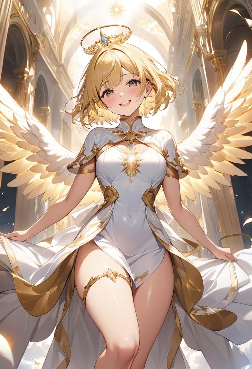 masterpiece, top quality, 8k, real person,1,shiny skin, fully focused, heaven, divine glory, Radiant, angel, blessing, happiness,Leg spread、Standing、smile、White dress、Gold Tiara、Blonde、Short Hair、Angel&#39;s wing