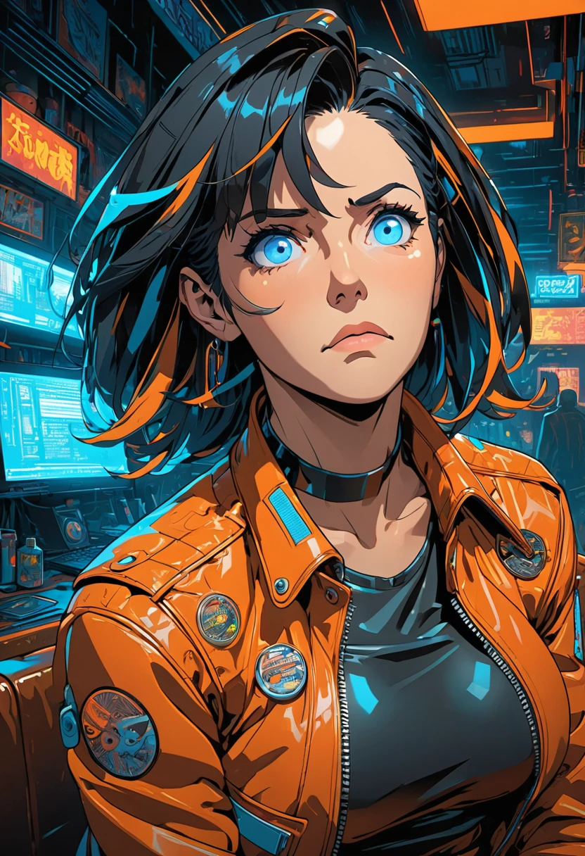 illustration, detailed illustration, ultra detailed, dynamic angle, cyberpunk, 50 year old woman, medium black hair, hair with cyan streaks, mismatched eyes, orange eye, blue eye, lean, medium breasts, black leather top, orange leather jacket, tired expression, cowboy shot, dark bar interior, dark environment
