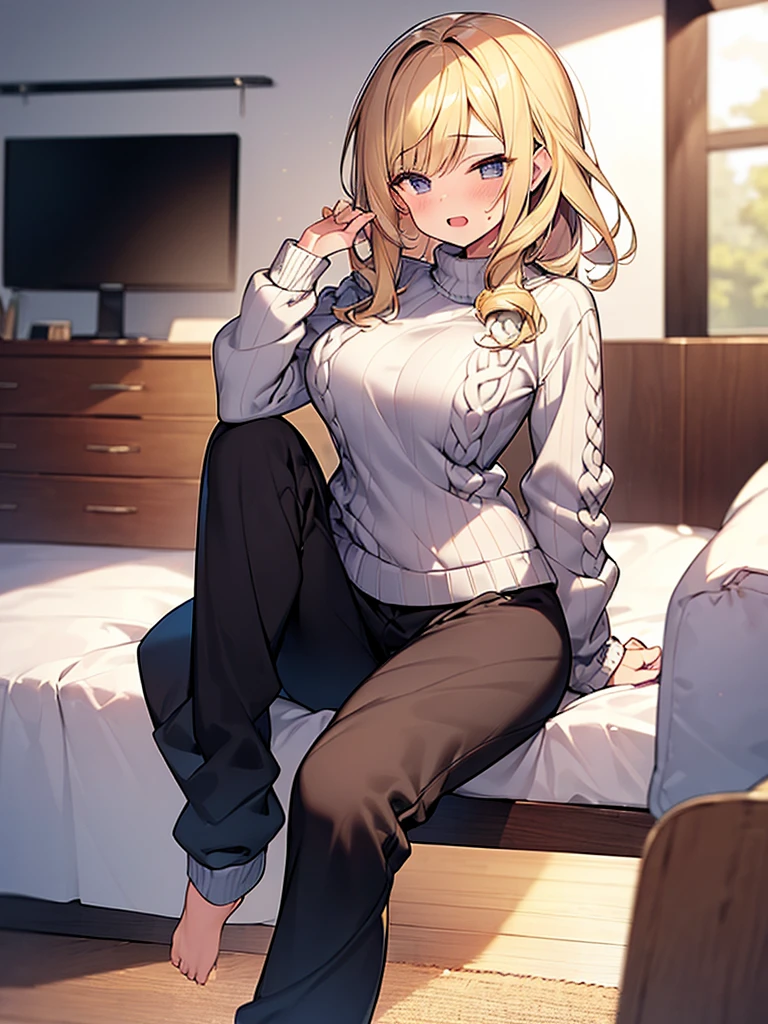(Masterpiece, Top quality:1.5), full body, (1 beautiful girl, solo:1.2), (short height:1.3), (Knit Sweater and Sweatpants with House Slippers:1.3), Blonde hair:1.1, medium Hair, wavy Hair, asymmetry bangs, swept bangs, airy hair, large breasts:1.4, (sleepy-eyed:1.3), blush:1.2, beautiful scene of bedroom, magnificent panorama view, blurry background, open mouth, dynamic pose, dynamic angle