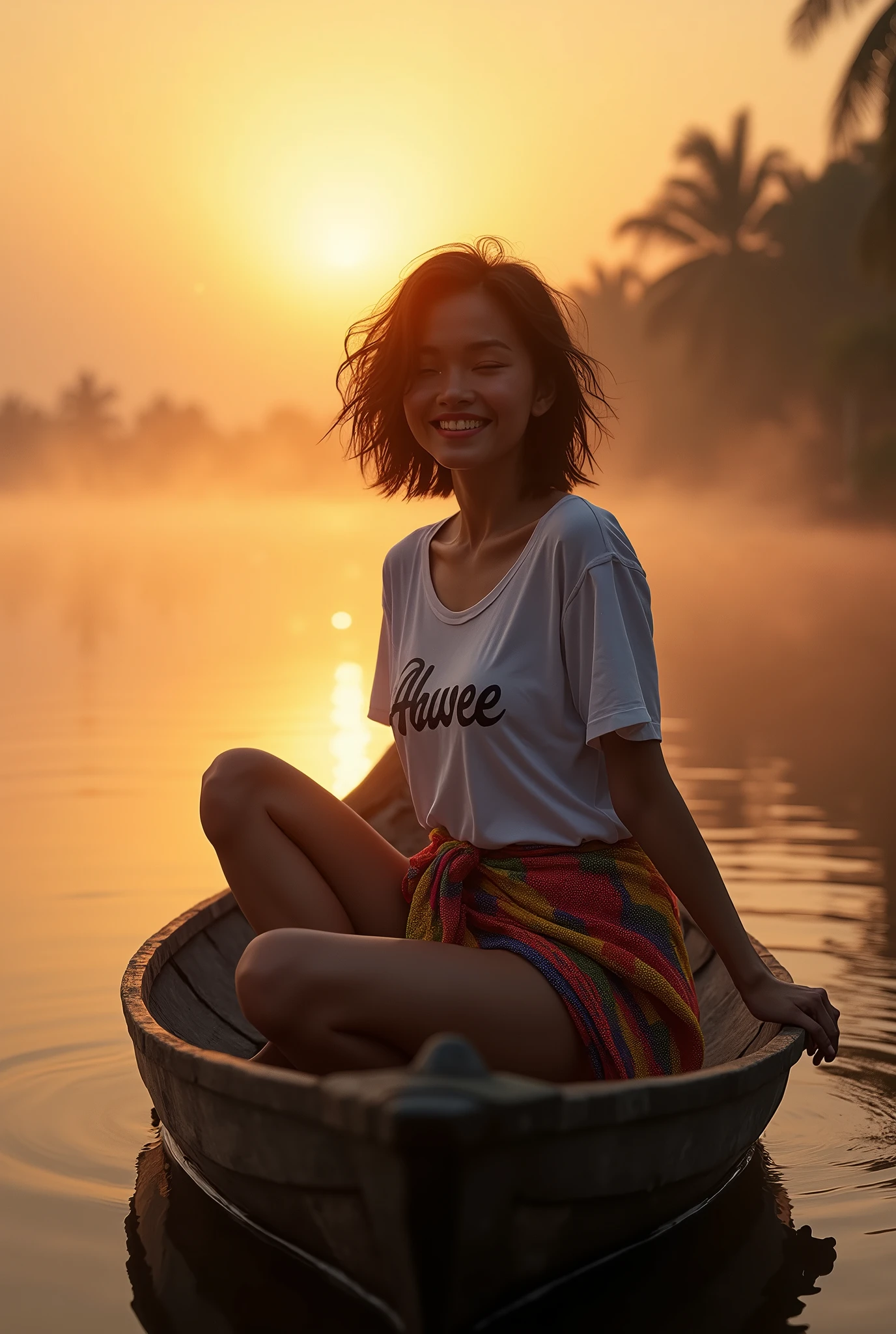 ( photorealism 1.2) photo realistic high detailed Malay adult women wear sarong messy hair at dugout canoe fishing at river smile cinematic view morning mode effect cinematography smoke effect sunlight silhouette wearing shirt wrote ahwee big breast sexy pose