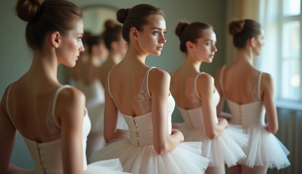 full body shot, a group of sexy 15 yo Russian ballerinas getting dressed in the ballet preparation room, sexy poses, Beautiful and sexy concept photo, high quality, 8k, No defects, various hair colors and eye's color