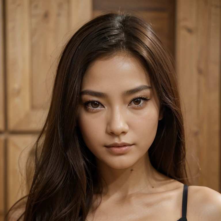 Très belle femme asiatique, cheveux longs et noirs, yeux marron foncé, longs cils, yeux en amande, lèvres pleines, peau lisse et éclatante, expression douce, vue de face, ultra-réaliste, haute résolution, détails précis de la peau, des yeux et des cheveux, prise avec une caméra haute définition, objectif de 85mm pour un effet de portrait, éclairage naturel doux, mise au point précise sur le visage, fond flou pour accentuer le sujet.