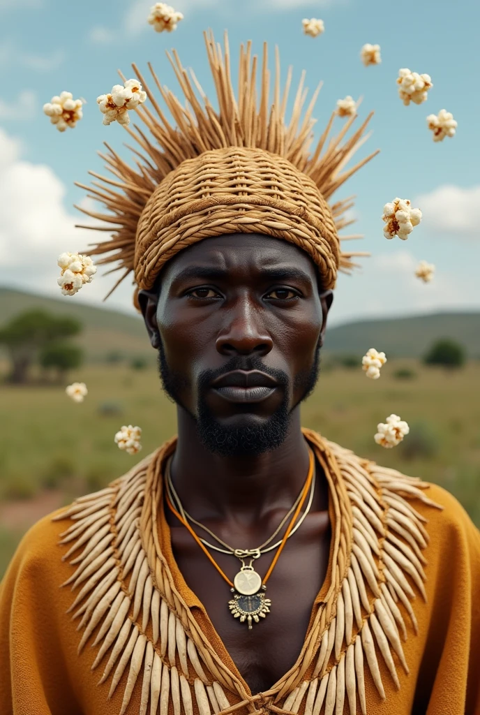 A black African man wearing a completely straw outfit from head to toe, completely covered ,descalco em close , in an African land location with popcorn falling from the sky and onto the ground.
PICTURE REALISTIC.