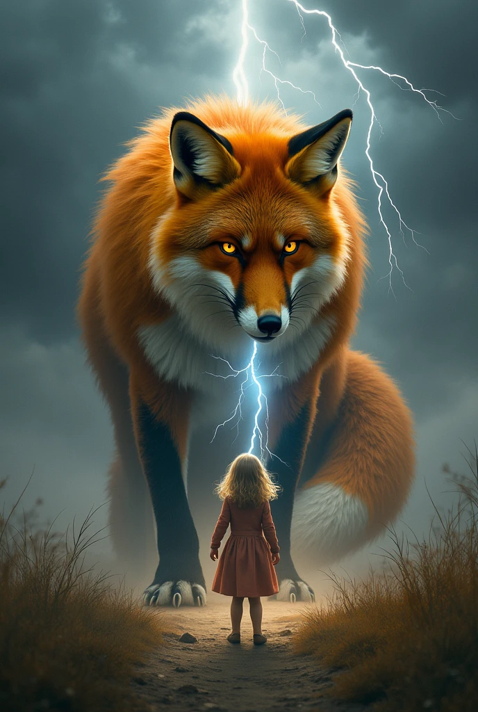 GIANT FOX PROTECTING A DEFENSELESS CHILD, STORMY DAY, LIGHTNING PASSING BETWEEN ITS TAIL AND THE CHILD PROTECTED BY THE IMPOSING EAGLE.
