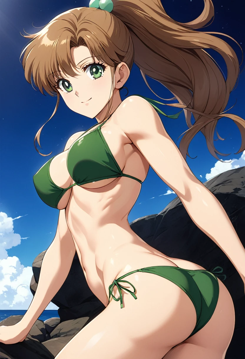 Highest quality, Great quality, 16K, Unbelievably absurd, Very detailed, 2.5D, delicate and dynamic, (Makoto Kino),blue sky,  Small face, Very delicate look, Delicate eye depiction, Very Fine Hair, erotic, sexyな女性, Composition showing the buttocks,Healthy body shape, Swimwear,Green Micro Bikini、Green T-bag,smile、 height: 175cm, Light brown long hair,ponytail、 sexyな長い脚, Abdominal muscles,Glowing Skin, The background is the sea ,1990s \(style\),、(E-cup beautiful breasts)、Muscular、sexy,Cinema Lighting, (完璧なGlowing Skin:0.6),Always high quality CG Unity 8K wallpapers,Anime-style painting style