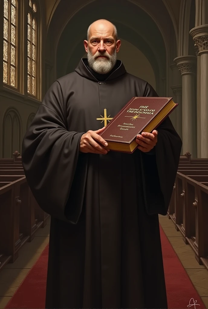 Saint Thomas Aquinas showing his book Summa Theologica for all to see