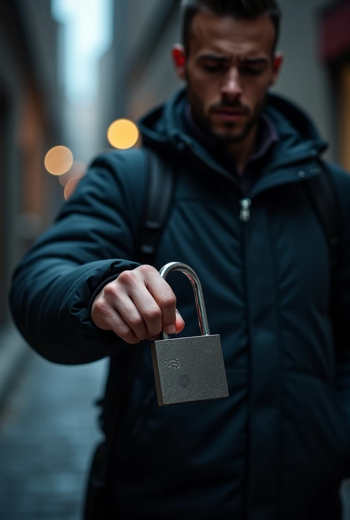 A man unlock the padlock by using fingerprint on the bag