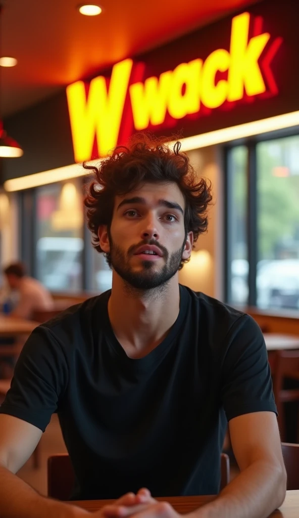 A highly realistic, high-contrast, 8K HD, detailed, hyper-detailed image of a fast-food restaurant commercial for "Wack," with a logo similar to McDonald's but featuring a "W." The scene focuses on a young man with curly hair and a beard, wearing a black T-shirt, sitting in a chair and looking directly at the camera with an expression of surprise and curiosity. The man’s facial expression, as depicted in the provided image, is emphasized. The setting is a modern fast-food restaurant with warm orange lighting, creating a cozy and dynamic atmosphere. The image is ultra-high resolution, with RAW photo quality, capturing every detail precisely. The background prominently features the "Wack" brand logo.
