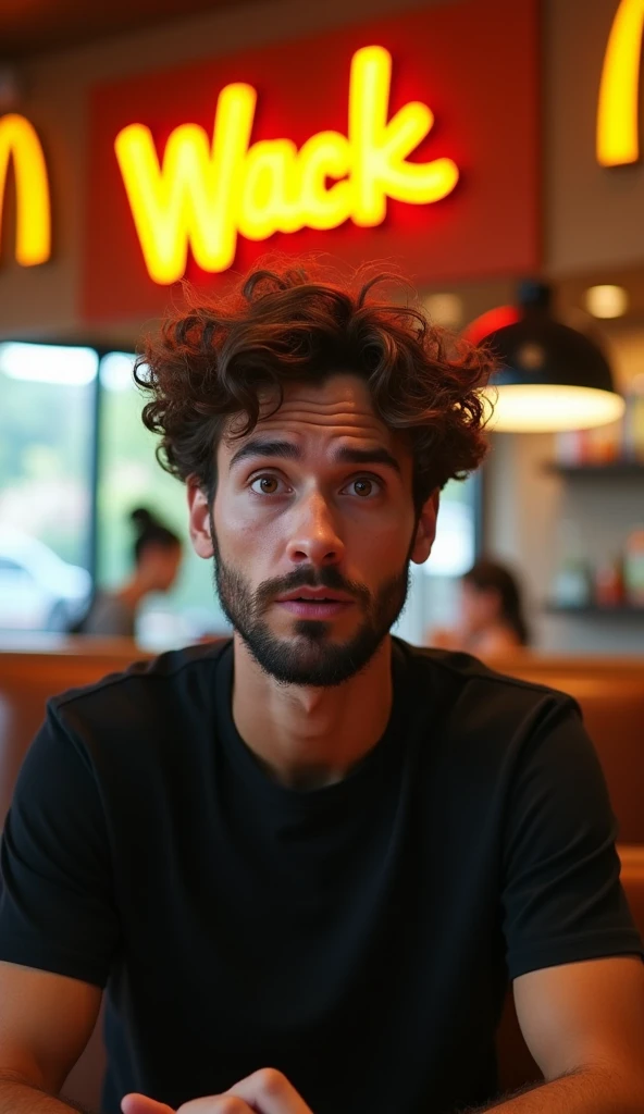 A highly realistic, high-contrast, 8K HD, detailed, hyper-detailed image of a fast-food restaurant commercial for "Wack," with a logo similar to McDonald's but featuring a "W." The scene focuses on a young man with curly hair and a beard, wearing a black T-shirt, sitting in a chair and looking directly at the camera with an expression of surprise and curiosity. The man’s facial expression, as depicted in the provided image, is emphasized. The setting is a modern fast-food restaurant with warm orange lighting, creating a cozy and dynamic atmosphere. The image is ultra-high resolution, with RAW photo quality, capturing every detail precisely. The background prominently features the "Wack" brand logo.