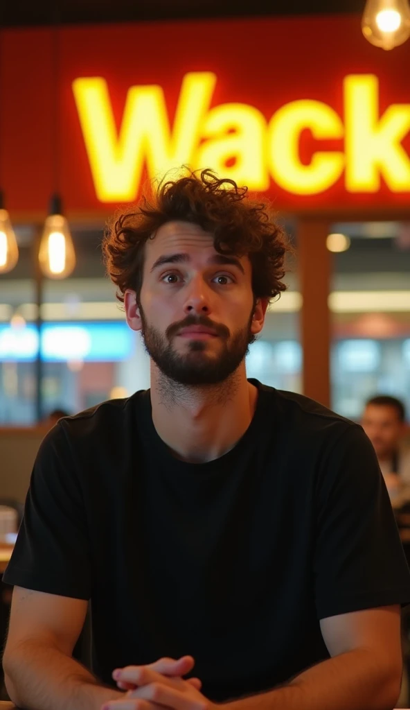 A highly realistic, high-contrast, 8K HD, detailed, hyper-detailed image of a fast-food restaurant commercial for "Wack," with a logo similar to McDonald's but featuring a "W." The scene focuses on a young man with curly hair and a beard, wearing a black T-shirt, sitting in a chair and looking directly at the camera with an expression of surprise and curiosity. The man’s facial expression, as depicted in the provided image, is emphasized. The setting is a modern fast-food restaurant with warm orange lighting, creating a cozy and dynamic atmosphere. The image is ultra-high resolution, with RAW photo quality, capturing every detail precisely. The background prominently features the "Wack" brand logo.