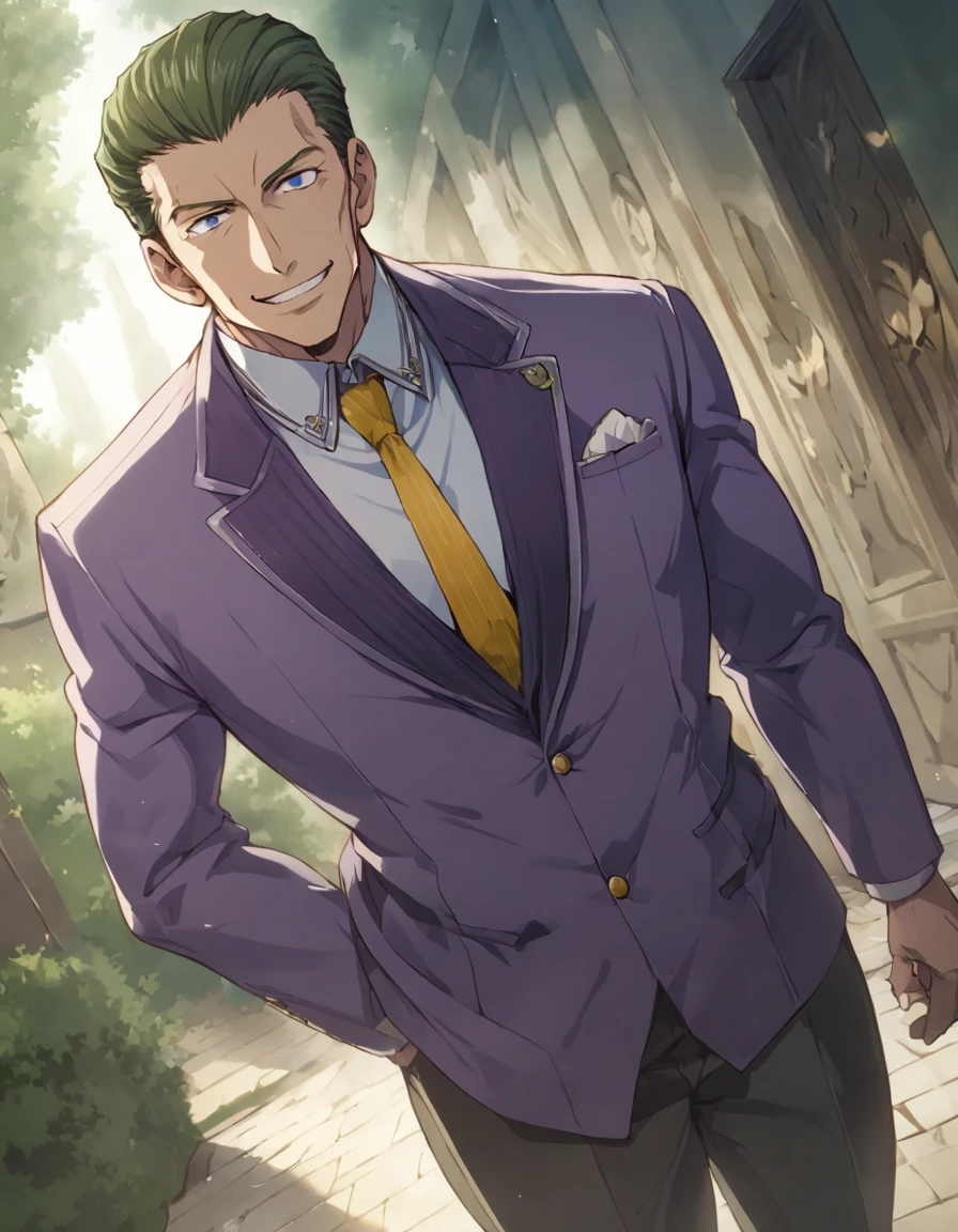 1man, (mature dad in ail-soft style, dandy president, moss olive hair, deepblue eyes, arafed spiky hair slicked back, spiked businessman hairstyle), ideal ratio body proportions, BREAK (over 30s, elder producer, toned dilettante, high cheekbones, broad shoulder, square shaped face, handsome, beautiful detailed eyes, under 40s), BREAK (violet formal jacket, purplewhite shirt, yellow necktie, simple costume), BREAK solo, cool smile, smart emotion, BREAK upperlegs, romantic expression, 2000s, old hentai CG, in Ribahara Aki style, BREAK depth of field, dutch angle, cinematic shadows, cinematic lighting, lens flare, light leaks, texture, absurdres absolutely resolution, extreme all detailed, greatest paint, BREAK masterpiece, best quality, BREAK score_9, score_8_up, score_7_up, source_anime, rating_safe, score_6_up, score_5_up, score_4_up