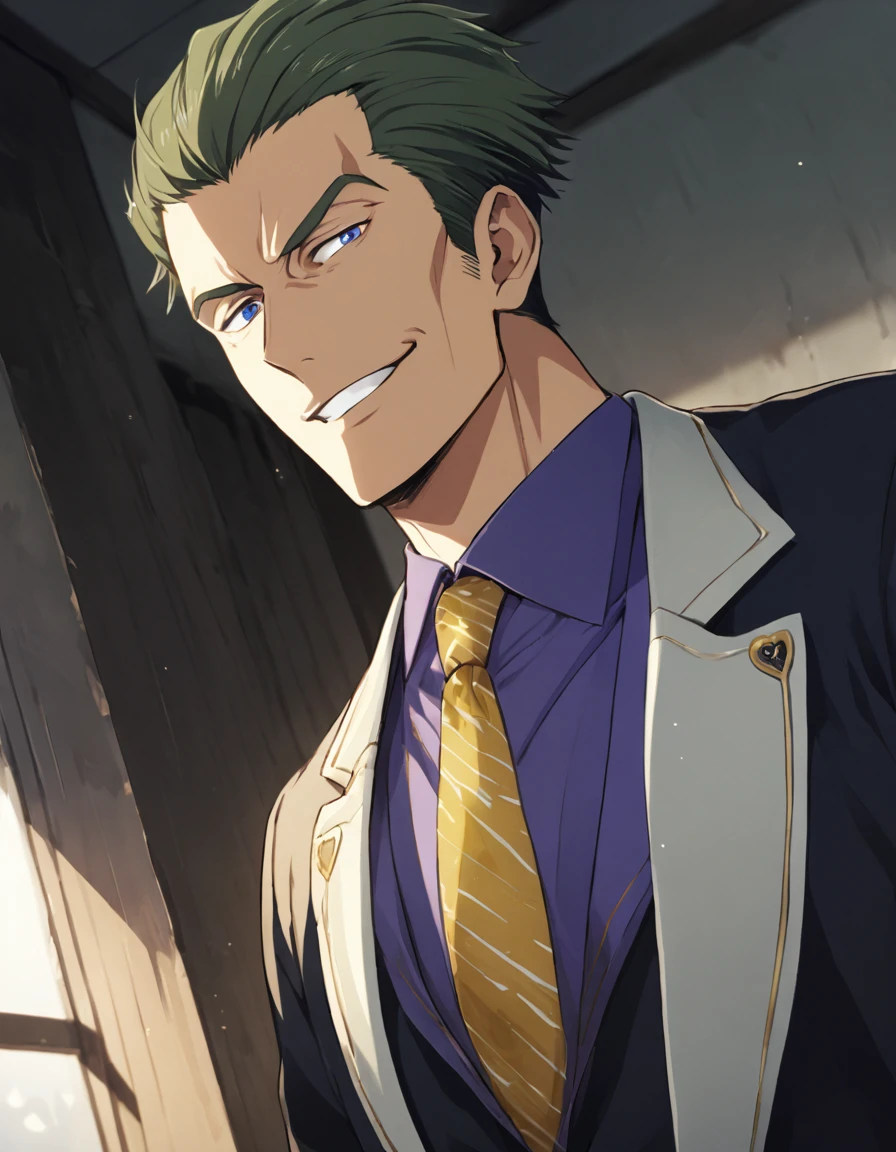 1man, (mature dad in ail-soft style, dandy president, moss olive hair, deepblue eyes, arafed spiky hair slicked back, spiked businessman hairstyle), ideal ratio body proportions, BREAK (over 30s, elder producer, toned dilettante, high cheekbones, broad shoulder, square shaped face, handsome, beautiful detailed eyes, under 40s), BREAK (violet formal jacket, purplewhite shirt, yellow necktie, simple costume), BREAK solo, cool smile, smart emotion, BREAK upperlegs, romantic expression, 2000s, old hentai CG, in Ribahara Aki style, BREAK depth of field, dutch angle, cinematic shadows, cinematic lighting, lens flare, light leaks, texture, absurdres absolutely resolution, extreme all detailed, greatest paint, BREAK masterpiece, best quality, BREAK score_9, score_8_up, score_7_up, source_anime, rating_safe, score_6_up, score_5_up, score_4_up
