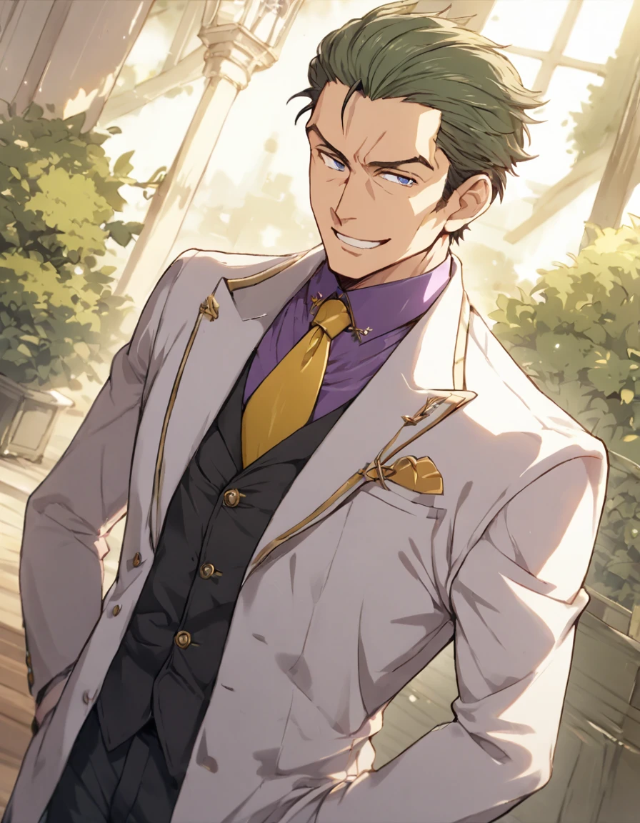 1man, (mature dad in ail-soft style, dandy president, moss olive hair, deepblue eyes, arafed spiky hair slicked back, spiked businessman hairstyle), ideal ratio body proportions, BREAK (over 30s, elder producer, toned dilettante, high cheekbones, broad shoulder, square shaped face, handsome, beautiful detailed eyes, under 40s), BREAK (violet formal jacket, purplewhite shirt, yellow necktie, simple costume), BREAK solo, cool smile, smart emotion, BREAK upperlegs, romantic expression, 2000s, old hentai CG, in Ribahara Aki style, BREAK depth of field, dutch angle, cinematic shadows, cinematic lighting, lens flare, light leaks, texture, absurdres absolutely resolution, extreme all detailed, greatest paint, BREAK masterpiece, best quality, BREAK score_9, score_8_up, score_7_up, source_anime, rating_safe, score_6_up, score_5_up, score_4_up