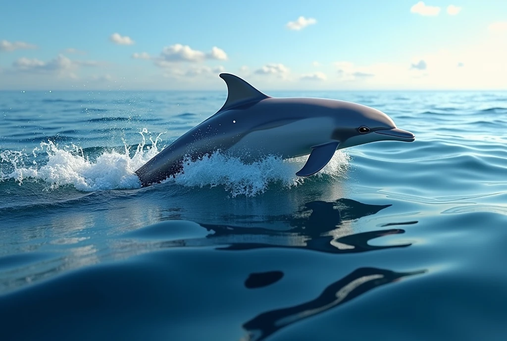 Create a captivating, hyper-realistic, AI-generated artwork of a dolphin swimming in the middle of the ocean, viewed from the surface. The dolphin should be depicted gracefully gliding through the water, with its sleek body partially above the surface and its dorsal fin cutting through the ocean.

The scene should capture the vast expanse of the ocean and the dynamic movement of the dolphin. Include details such as the glistening water, the splash created by the dolphin's movement, and the gentle ripples spreading outward. The background should feature the deep blue of the ocean and the lighter hues reflecting the sunlight.

Use natural, vibrant colors to depict the dolphin and its surroundings, highlighting the contrast between the dolphin’s smooth, gray skin and the shimmering surface of the water. The lighting should emphasize the dolphin’s form and the texture of the water, creating a sense of depth and clarity.

The style should be hyper-realistic yet artistic, focusing on the dolphin’s elegant movement and the serene beauty of its ocean environment. The final artwork should be high-resolution and visually striking, capturing the grace and majesty of the dolphin in its natural marine habitat.

