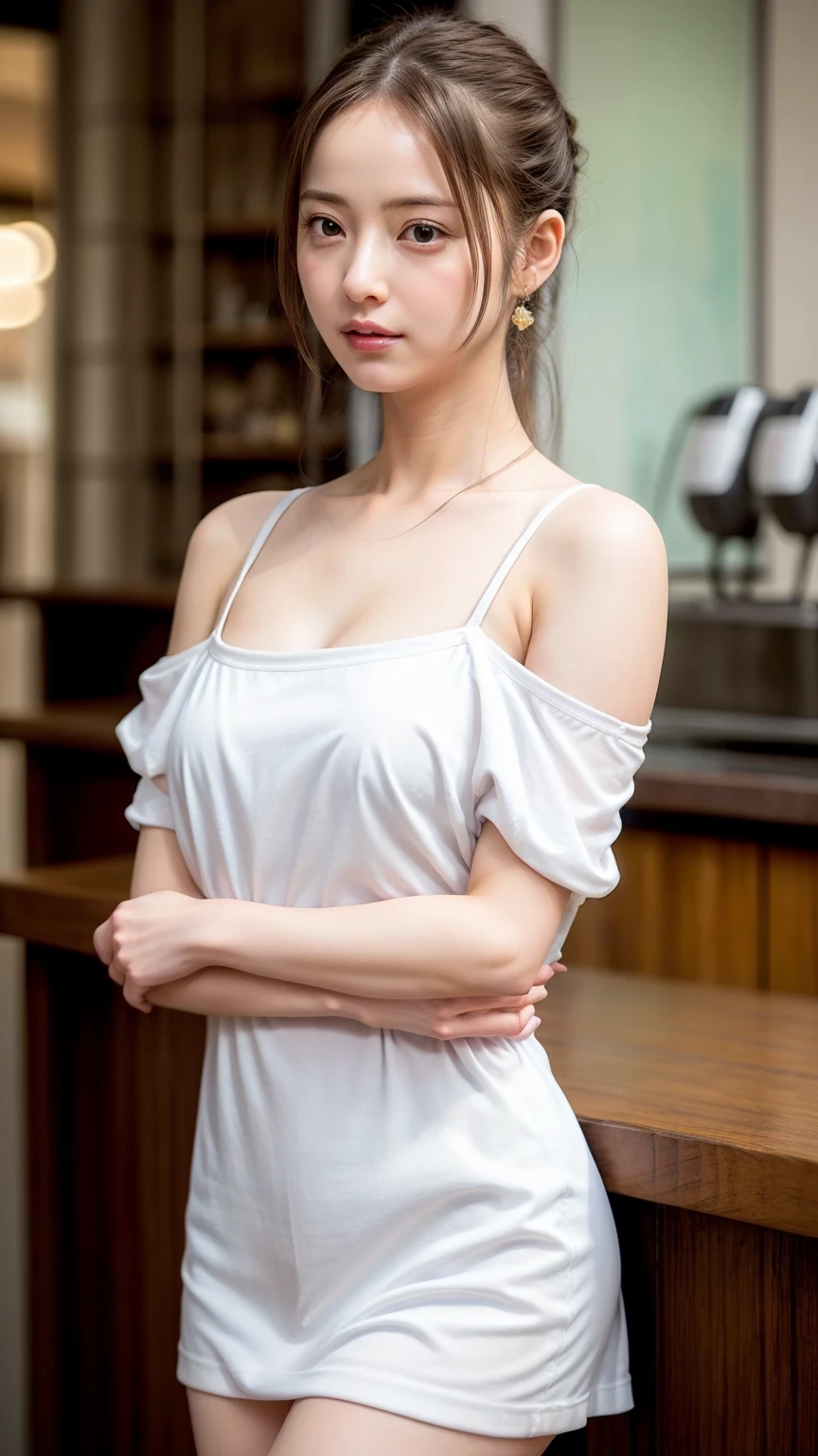 8K quality、High resolution、Realistic skin texture、High resolutionの瞳、Man sitting、Female cafe owner being hugged by man、Brown long hair、、Ring piercing of the earlobe、A neat camisole、Dignified face、thin、Model body type、Ripe body、Neat 30 year old woman、Off the shoulder、Shoot in the back、Up ponytail、Moist lips、Wet body