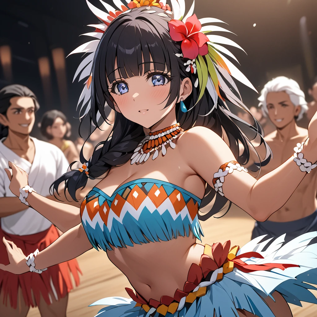 ((Highest quality)), ((masterpiece)), (detailed), (Perfect Face)、The woman is Aoki Reika, a dark-skinned Tahitian with semi-long hair.、The woman is wearing a Tahitian dance costume, has a Tahitian hairstyle, and is dancing the Tahitian dance.