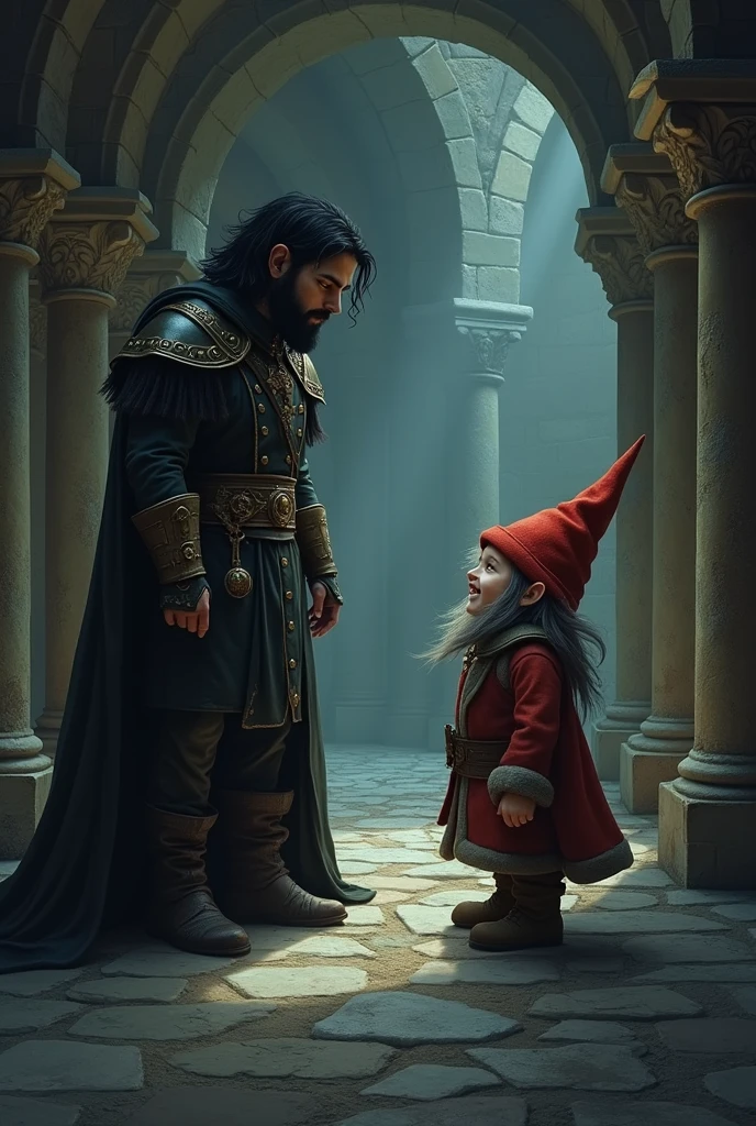 a small gnome talking to a prince with black hair and a black beard and made, Cao Cao, Inside a dungeon 
