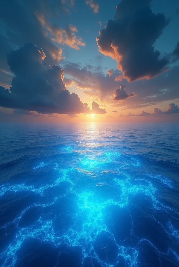 A blue light sea in night, clouds disjointed, orange and yellow colour sunset