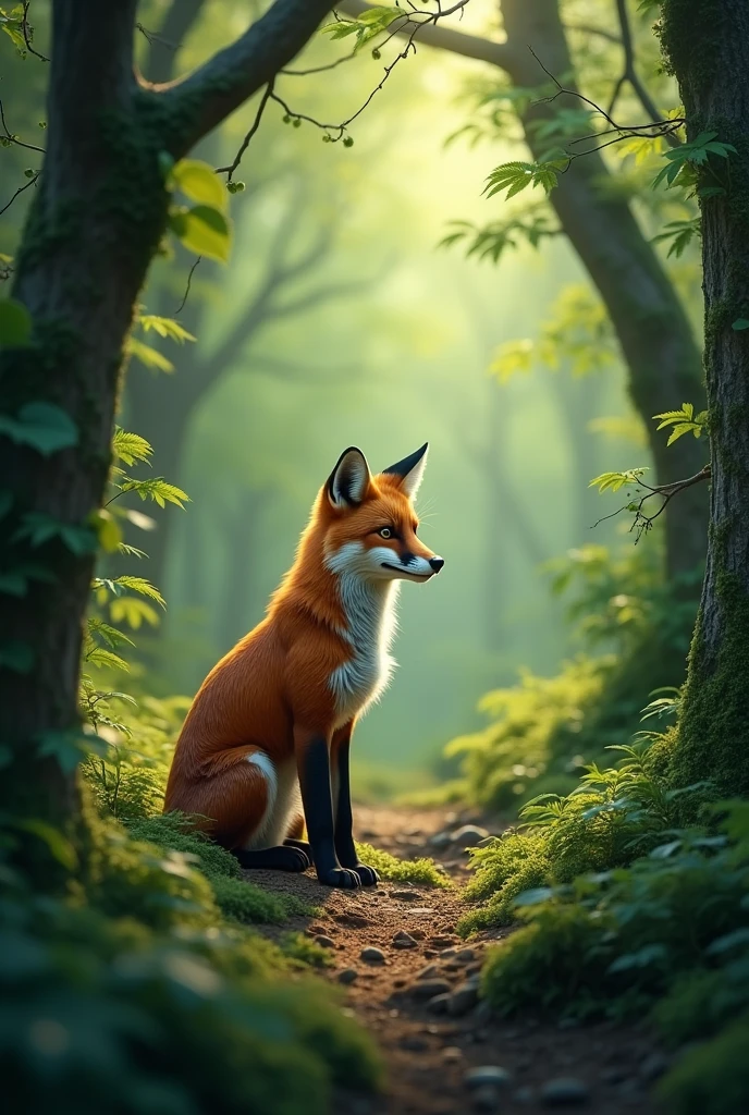 A fox in the middle of the forest 