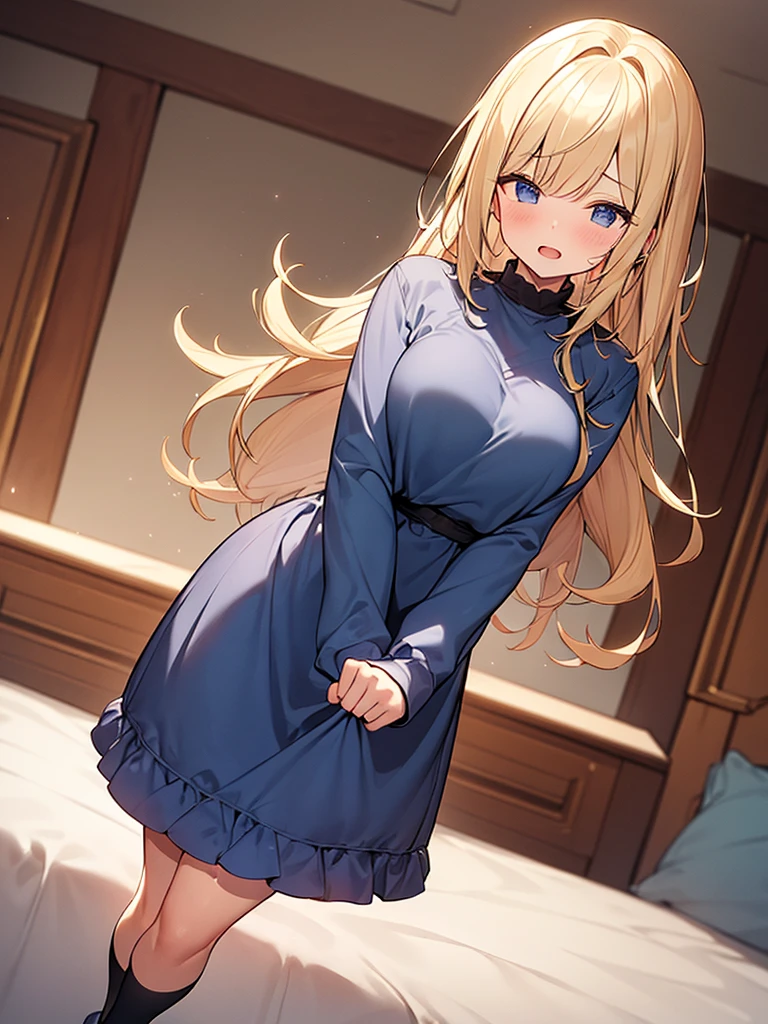 (Masterpiece, Top quality:1.5), full body, (1 beautiful girl, solo:1.2), (short height:1.3), (Long Sleeve Nightshirt with Ankle Socks:1.3), Blonde hair:1.1, medium Hair, wavy Hair, asymmetry bangs, swept bangs, airy hair, large breasts:1.1, (sleepy-eyed:1.3), blush:1.2, beautiful scene of bedroom, magnificent panorama view, blurry background, open mouth, dynamic pose, dynamic angle