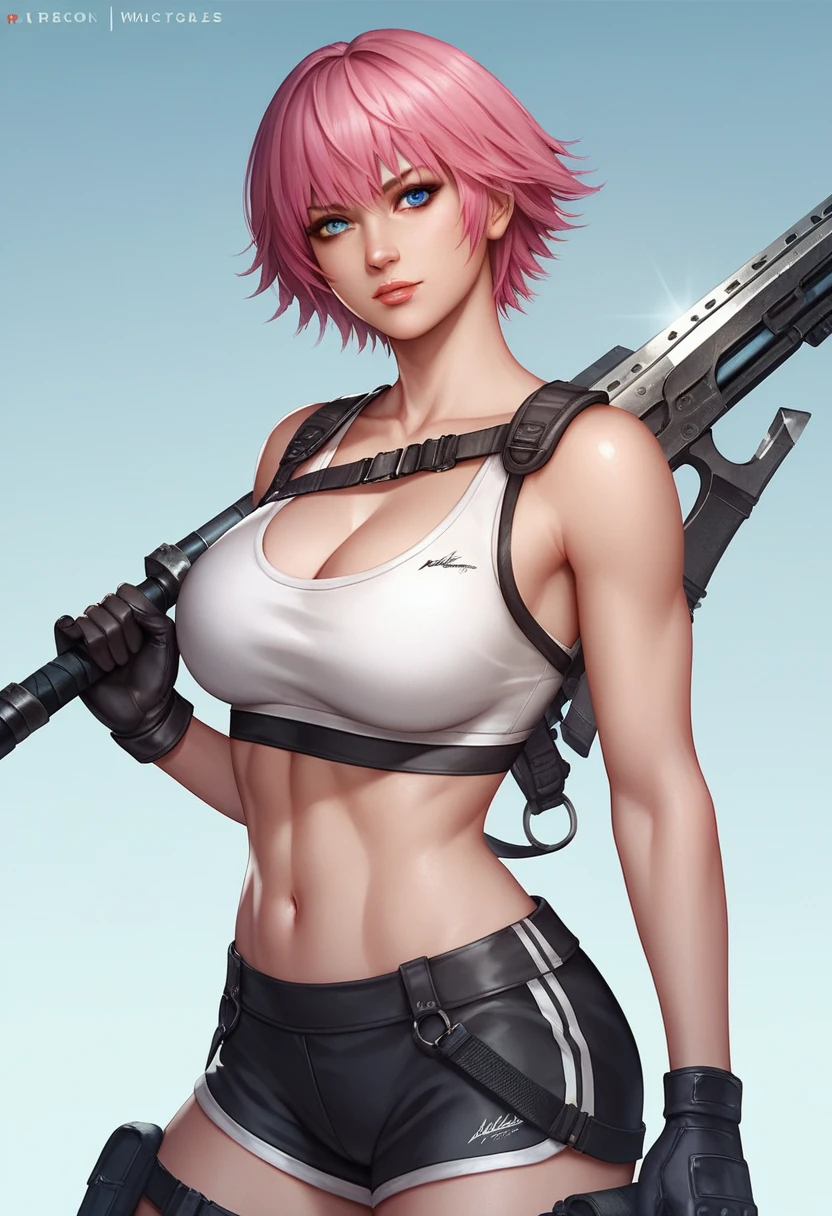 (masterpiece, best quality:1.2), lady, dmc, dmc4, slim body, white sports bra, 1girl, solo, heterochromia, blue eyes, blue eyes, pink hair, short hair, striped, shorts, weapon, black gloves, big breasts,