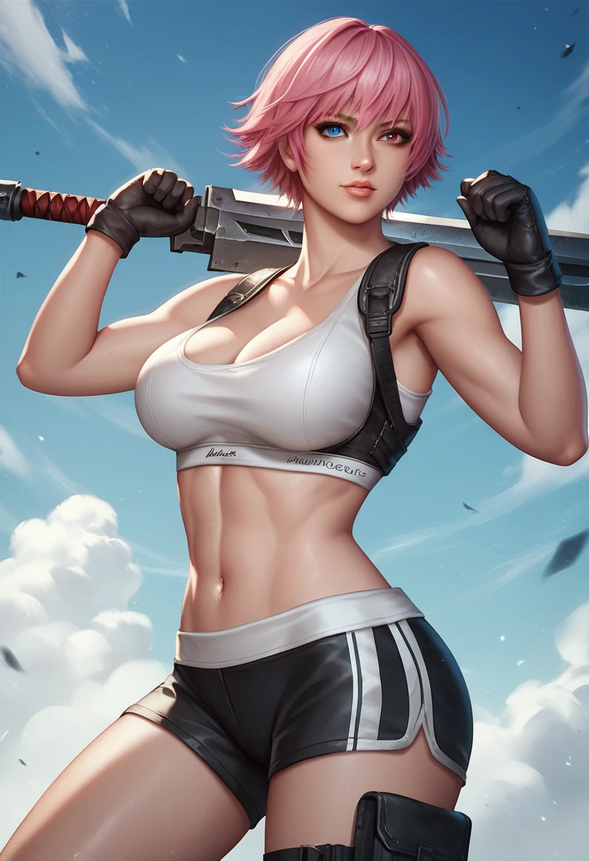 (masterpiece, best quality:1.2), lady, dmc, dmc4, slim body, white sports bra, 1girl, solo, heterochromia, blue eyes, blue eyes, pink hair, short hair, striped, shorts, weapon, black gloves, big breasts,