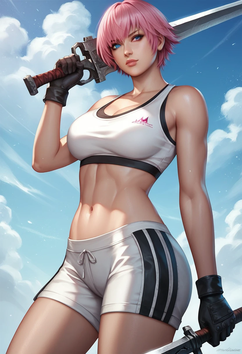 (masterpiece, best quality:1.2), lady, dmc, dmc4, slim body, white sports bra, 1girl, solo, heterochromia, blue eyes, blue eyes, pink hair, short hair, striped, shorts, weapon, black gloves, big breasts,