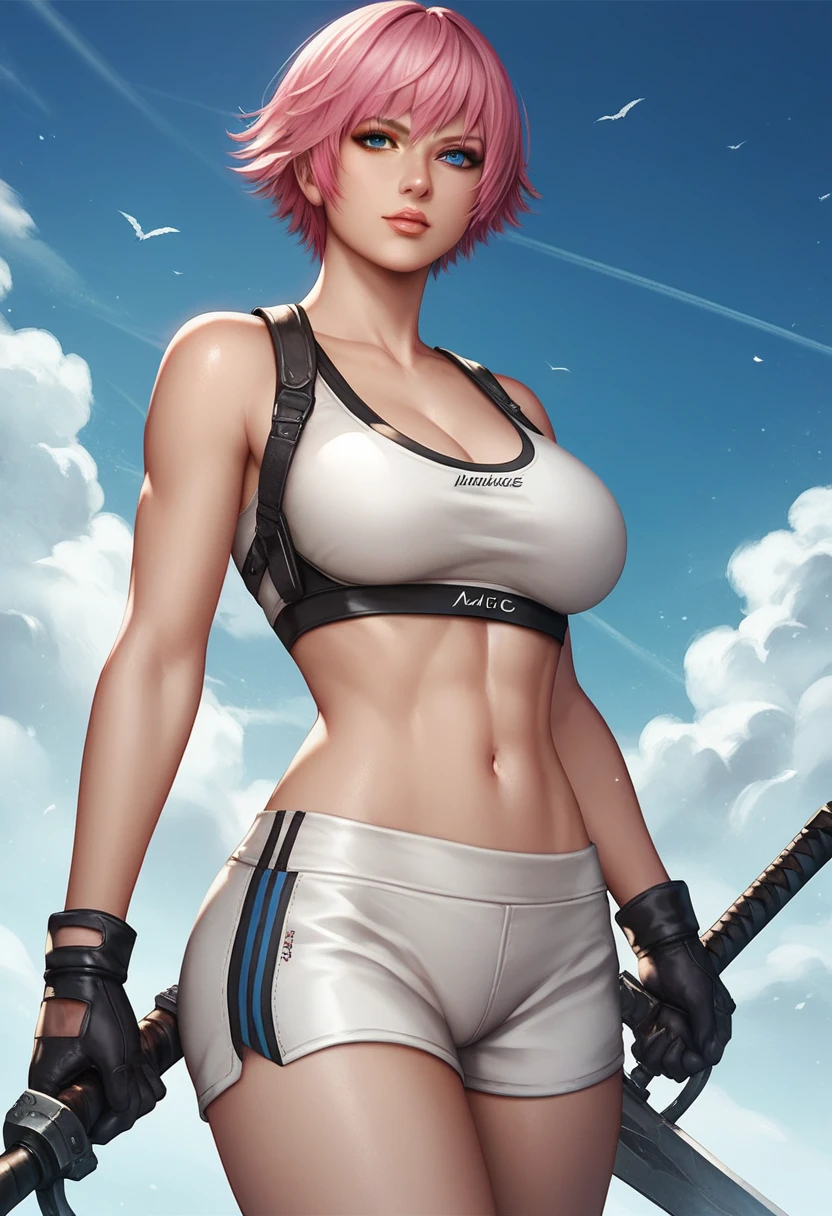 (masterpiece, best quality:1.2), lady, dmc, dmc4, slim body, white sports bra, 1girl, solo, heterochromia, blue eyes, blue eyes, pink hair, short hair, striped, shorts, weapon, black gloves, big breasts,